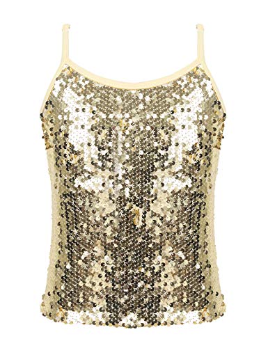 CHICTRY Glitzer Shirt Mädchen Pailletten Ärmellos Tägershirt Tanz Oberteil Shimmer Top Mit Rundhals Hip Hop Jazz Street Dance Kleidung Performance Gold 158-164 von CHICTRY