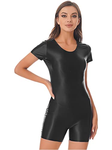 CHICTRY Glossy Body Mit Bein Damen Bauchweg Kurzarm Catsuit Sport Öl Glänzend Overall Jumpsuit Sommer Kurz Gogo Tanz Rave Outfits Schwarz XL von CHICTRY