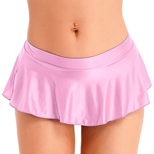 CHICTRY Glossy Minirock Damen Sexy Ausgestellter Rock Stretch Metallic Glitzer Plisseerock Hintern Offen Gogo Tanz Rave Outfits Rosa M von CHICTRY