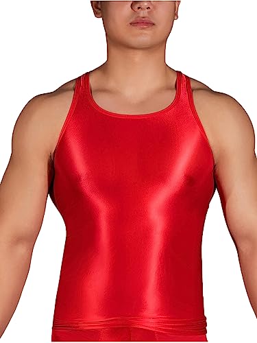 CHICTRY Glossy Shirt Herren Ärmellos Sexy Racerback Unterhemd Eng Stretch Öl Glänzend Oberteil Jogging Tshirt Slim Fit Party Clubwear Rot Einheitsgröße von CHICTRY