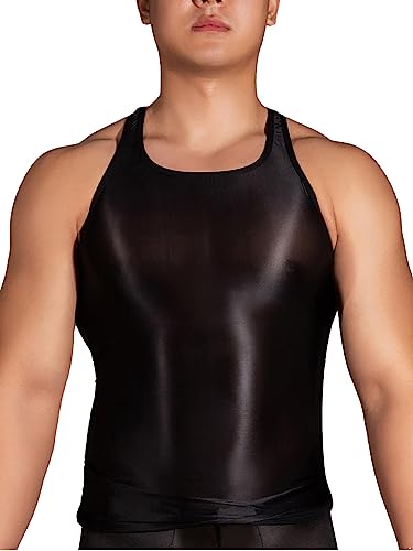 CHICTRY Glossy Shirt Herren Ärmellos Sexy Racerback Unterhemd Eng Stretch Öl Glänzend Oberteil Jogging Tshirt Slim Fit Party Clubwear Schwarz Einheitsgröße von CHICTRY