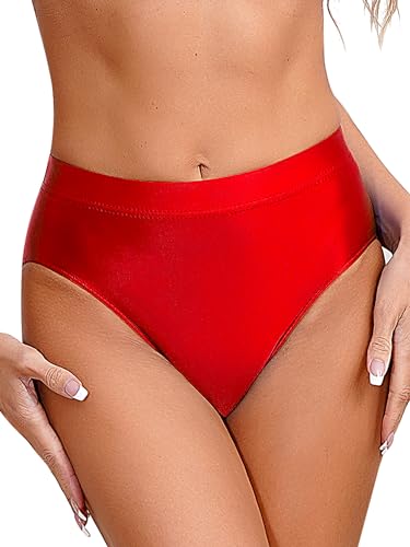 CHICTRY Glossy Shorts Damen Sexy Nahtlos String Low Waist Bikinihose Brazilian Satin Glanz Unterwäsche Dessous Erotik Rot B L von CHICTRY