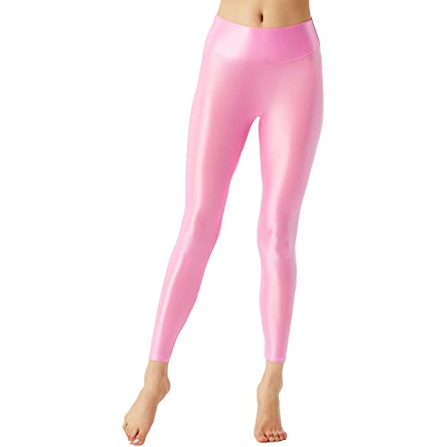 CHICTRY Glossy Strumpfhose Damen Stretch High Waist Yogahose Leggings Slim FIt Öl Glänzend Tanzstrumpfhose Ballettstrumpfhose Blickdicht Fitness Rosa E L von CHICTRY