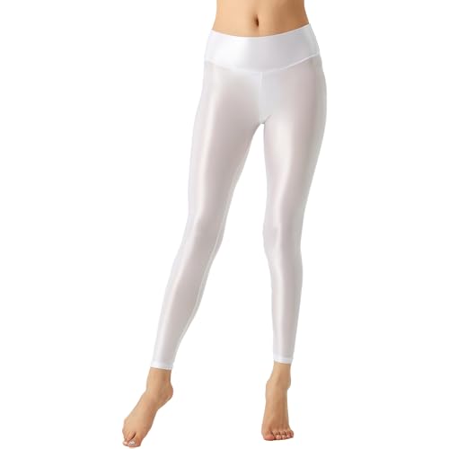 CHICTRY Glossy Strumpfhose Damen Stretch High Waist Yogahose Leggings Slim FIt Öl Glänzend Tanzstrumpfhose Ballettstrumpfhose Blickdicht Fitness Weiß E XL von CHICTRY