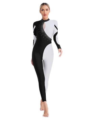 CHICTRY Gymnastikanzug Damen Ganzkörper Langarm Tanzanzug Strass Glitzer Tanzbody Farbblock Patchwork Trikot Leotard Mit Cut Out Dancewear Weiß XXL von CHICTRY
