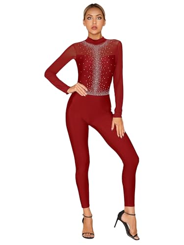 CHICTRY Gymnastikanzug Damen Ganzkörper Langarm Gymnastik Body Stehkragen Trikot Strass Glitzer Eiskunstlauf Anzug Patchwork Ganzkörperanzug Dancewear A_Burgundy M von CHICTRY