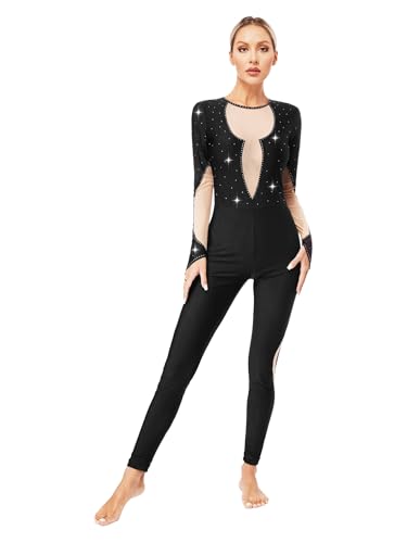 CHICTRY Gymnastikanzug Damen Langarm Strass Glitzer Tanzanzug Mesh Patchwork Tanzbody Cut Out Trikotanzug Mit Fingerlöcher Tanzkostüm Schwarz S von CHICTRY