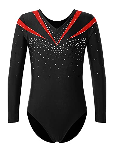 CHICTRY Gymnastikanzug Mädchen Langarm Kinder Strass Glitzer Ballettanzug Patchwork Body Trikot Mit Rundhals Wettbewerb Performance Bekleidung Rot 134-140 von CHICTRY