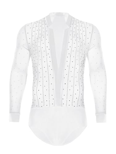 CHICTRY Hemd Body Herren Latein Einteiler Turnanzug Glitzer Strass Samba Rumba Jumpsuit Langarm Overall Mit Tief V-Ausschnitt Weiß XL von CHICTRY