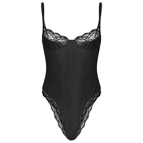CHICTRY Herren Body Einteiler Dessous Sissy Unterwäsche Spitze Dessous Spahgettiträger Top Bodycon Bodysuit Reizwäsche Unterhemd Mit Spitzenbesatz Schwarz XL von CHICTRY