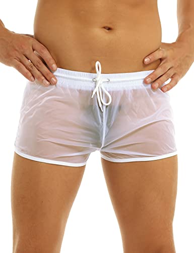 CHICTRY Herren Boxershorts Retroshorts Durchsichtig Unterwäsche Erotik Unterhosen Retro Shorts mit Kordelzug Boxer Short Pants Hose Dessous Sport Weiß A S von CHICTRY