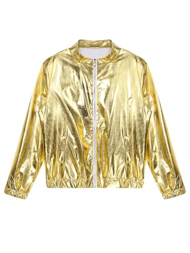 CHICTRY Herren Metallic Jacke 70er Jahre Disco Party Varsity Jacke Retro Hip Hop Baseball Bomber Jacket Holographic Space Outfit Gold A XXL von CHICTRY