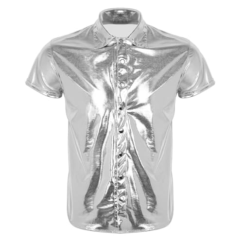 CHICTRY Herren Disco 70er Jahre Hemd Bronzing Metallic Nachtklub Party Oberteil Reverskragen Freizeithemd Button Down Slim Fit Silvester Outfit Silber B XL von CHICTRY