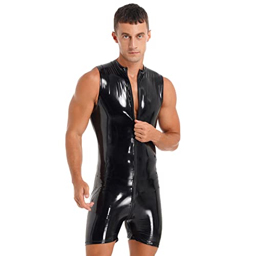 CHICTRY Herren Lack Und Leder Body Sexy Erotisch Ärmellos Overall Jumpsuit Offener Schritt Catsuit Mit Reißverschluss Einteiler Unterwäsche Erotik B Schwarz 3XL von CHICTRY