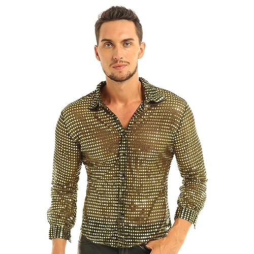 CHICTRY Herren Pailletten Hemd 70er Langarm Disco Party Kostüm Reverskragen Freizeithemd Button Down Shirt Slim Fit Silvester Outfit Gold L von CHICTRY