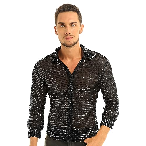 CHICTRY Herren Pailletten Hemd 70er Langarm Disco Party Kostüm Reverskragen Freizeithemd Button Down Shirt Slim Fit Silvester Outfit Schwarz L von CHICTRY