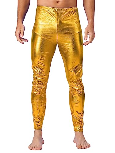 CHICTRY Glänzende Metallic Hose Herren Stretch Männer Disco Leggings Sexy High Waist Jogginghose Sporthose Strumpfhose 70er 80er Jahre Party Hose Vintage Gold B M von CHICTRY