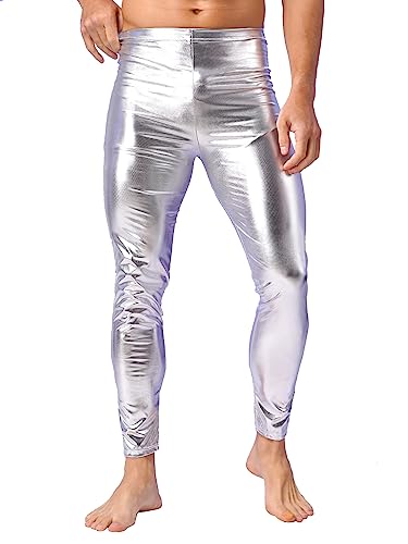 CHICTRY Glänzende Metallic Hose Herren Stretch Männer Disco Leggings Sexy High Waist Jogginghose Sporthose Strumpfhose 70er 80er Jahre Party Hose Vintage Silber B S von CHICTRY