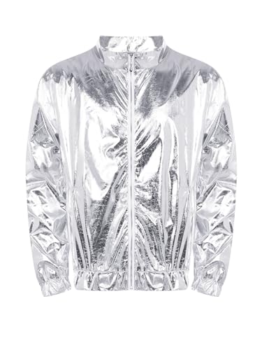 CHICTRY Herren Metallic Jacke 70er Jahre Disco Party Varsity Jacke Retro Hip Hop Baseball Bomber Jacket Holographic Space Outfit Silber A 3XL von CHICTRY