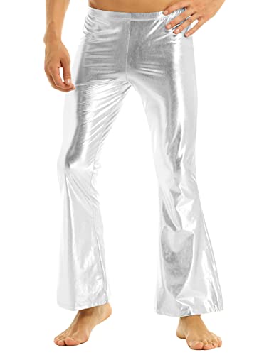 CHICTRY Glänzende Metallic Hose Herren 70 Jahre Hippie Disco Kostüm PU Leder Leggings Party Disco Tanzhose Jazzpants Für Fasching Karneval Mottoparty Silber L von CHICTRY
