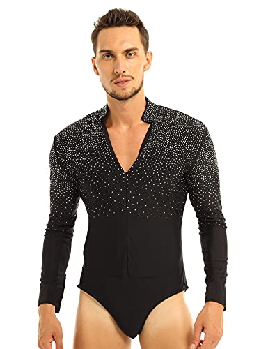 CHICTRY Herren Overalls Latin Tango Rumba Tanz Trikot Body Glitzer Strass Langarm Shirt Hemd mit Druckknopf in Blau Schwarz Weiß Schwarz M von CHICTRY