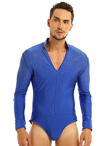 CHICTRY Herren Overalls Latin Tango Rumba Tanz Trikot Body Glitzer Strass Langarm Shirt Hemd mit Druckknopf in Blau Schwarz Weiß Blau L von CHICTRY