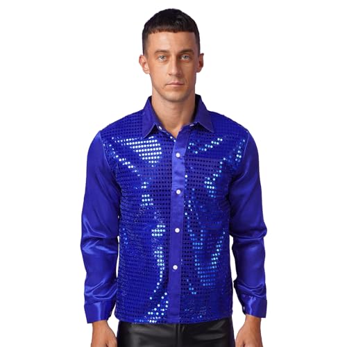 CHICTRY Herren Pailletten Hemd 70er Langarm Disco Party Kostüm Reverskragen Freizeithemd Langarm Männer Unterhemd Button Down Slim Fit Silvester Outfit D Blau L von CHICTRY