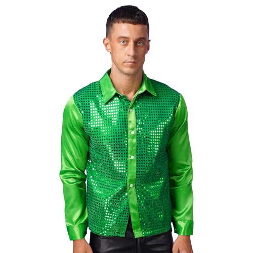 CHICTRY Herren Pailletten Hemd 70er Langarm Disco Party Kostüm Reverskragen Freizeithemd Langarm Männer Unterhemd Button Down Slim Fit Silvester Outfit D Grün L von CHICTRY