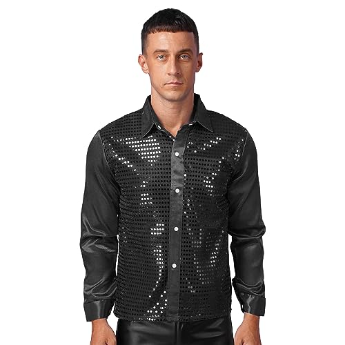 CHICTRY Herren Pailletten Hemd 70er Langarm Disco Party Kostüm Reverskragen Freizeithemd Langarm Männer Unterhemd Button Down Slim Fit Silvester Outfit D Schwarz L von CHICTRY