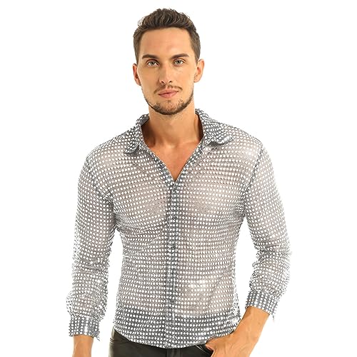 CHICTRY Herren Pailletten Hemd 70er Langarm Disco Party Kostüm Reverskragen Freizeithemd Button Down Shirt Slim Fit Silvester Outfit Silber L von CHICTRY
