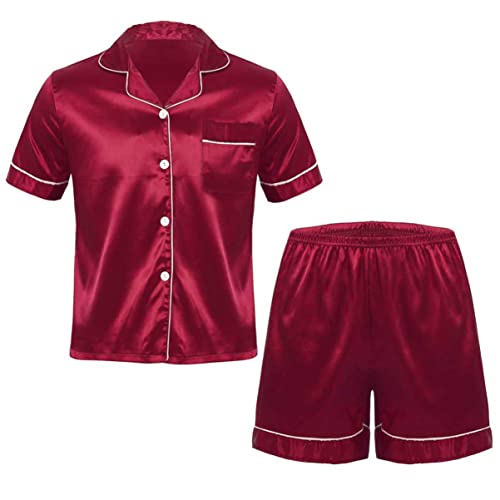 CHICTRY Herren Satin Nachtwäsche Zweiteiliger Schlafanzug Pyjamas Set Kurzarm Hemd Top Shirt und Kurze Hose Sommer Loungewear L-3XL Burgundy 3XL von CHICTRY