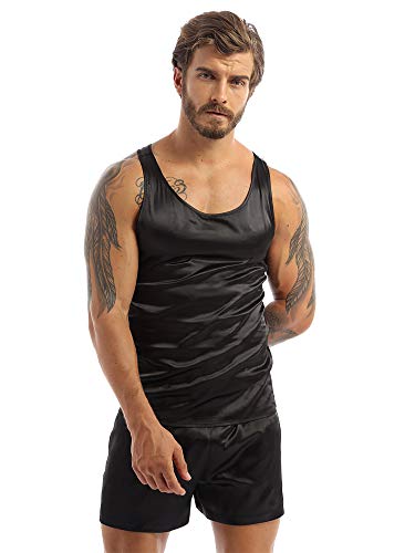 CHICTRY Herren Satin Schlafanzug Kurz Pyjama Set Ärmellos Tank Top mit Shorts Loose Hose Kurz Freizeit Loungewear Schwarz XL von CHICTRY