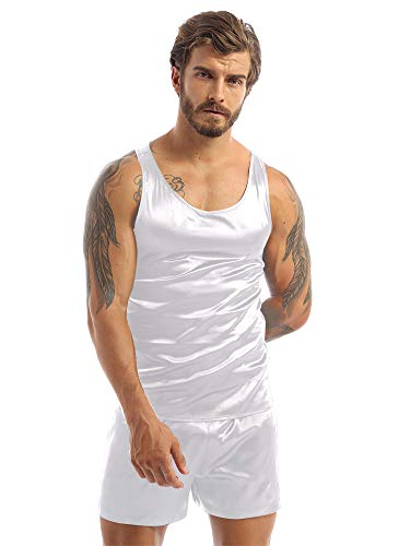 CHICTRY Herren Satin Schlafanzug Kurz Pyjama Set Ärmellos Tank Top mit Shorts Loose Hose Kurz Freizeit Loungewear Weiß XXL von CHICTRY