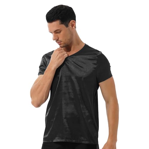 CHICTRY Herren Satin Shirt Sexy Kurzarm V-Ausschnitt Oberteil Glatt Glänzend Crop Top Nachthemd Pyjama Loungewear Schwarz M von CHICTRY