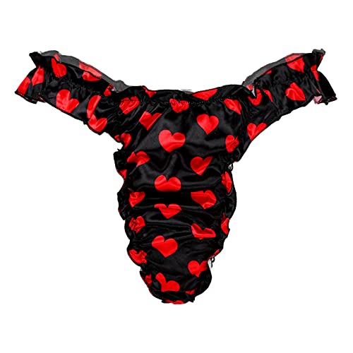 CHICTRY Herren Satin Slip Unterwäsche Rüschen Unterhose Tanga Strings Bikini Briefs Super Weich Glänzend Lingerie Dessous Erotik Reizwäsche M L XL Heart Schwarz L von CHICTRY