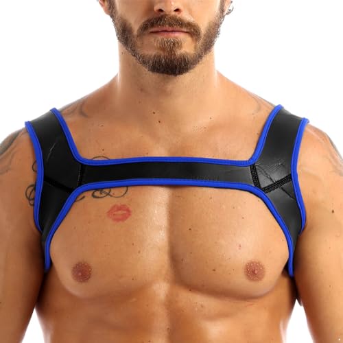 CHICTRY Herren Stretch Brust Harness Brustgurte Leder-Optik Body Körper Geschirr Wetlook Oberteile Dessous Fesseln Clubwear Blau M von CHICTRY