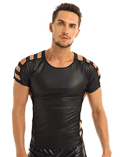 CHICTRY Herren Unterhemd Wetlook Shirt Hemd Leder-Optik Muskelshirt Tank Top Seite offen mit Elastischen Bändern Clubwear Schwarz Schwarz XL von CHICTRY