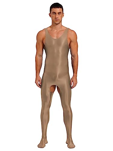 CHICTRY Herren Wetlook Bodysuit Ganzkörper Ganzkörperanzug Öl Glänzend Overall Jumpsuit Schlafanzug Thermounterwäsche Set Zentai Kostüm Mit Reißverschluss Kaffee E XL von CHICTRY