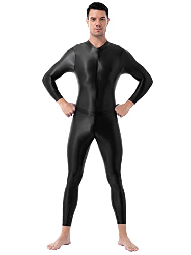 CHICTRY Herren Wetlook Bodysuit Ganzkörper Ganzkörperanzug Öl Glänzend Overall Jumpsuit Schlafanzug Thermounterwäsche Set Zentai Kostüm Mit Reißverschluss Schwarz One Size von CHICTRY