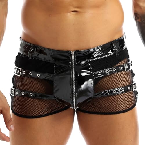 CHICTRY Herren Wetlook Leder Boxershorts Mit Eingriff Stretch Boxer Briefs Leder Shorts Sexy Bulge Pouch Unterhose Dessous Unterwäsche Lederhose Pants Schwarz C L von CHICTRY