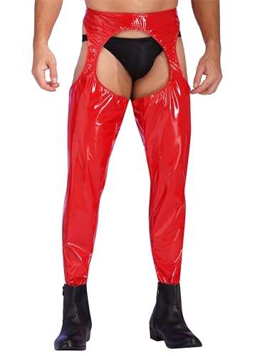 CHICTRY Herren Wetlook Leggings Pu Lederhose Offener Schritt Strumpfhose Männer Dessous Ouvert Pantyhose Lack Latex Unterhose Lang Party Clubwear Rot C L von CHICTRY