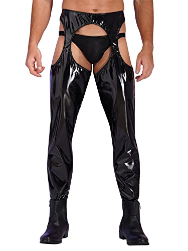 CHICTRY Herren Wetlook Leggings Pu Lederhose Offener Schritt Strumpfhose Männer Dessous Ouvert Pantyhose Lack Latex Unterhose Lang Party Clubwear Schwarz C L von CHICTRY