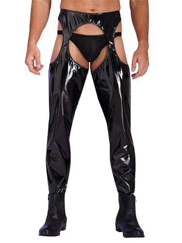 CHICTRY Herren Wetlook Leggings Pu Lederhose Offener Schritt Strumpfhose Männer Dessous Ouvert Pantyhose Lack Latex Unterhose Lang Party Clubwear Schwarz C XXL von CHICTRY