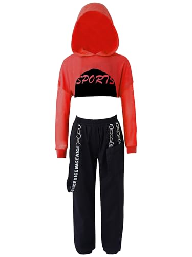 CHICTRY Hip Hop Sport Tanz Outfit Mädchen Jazz Dance Kleidung Kinder Langarm Bauchfrei Hoodi + Sport BH + Metallkette Cargohose 3tlg Sportbekleidung B_Rot 140 von CHICTRY