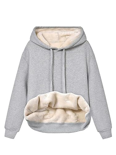 CHICTRY Hoodie Damen Teddy Fleece Kapuzenpullover Warm Pullover Casual Einfarbig Langarm Sweatshirt Gefüttert Mit Kordelzug Streetwear Grau L von CHICTRY