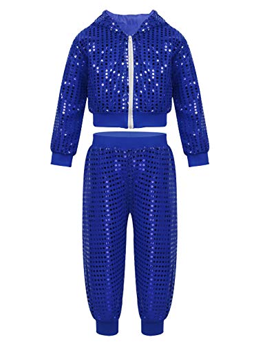 CHICTRY Pailletten Tanzkleidung Kinder Disco Junge Mädchen Langarm Jacke Kurz Bomberjacke High Waist Tanzhose Glänzend Leggings Mit/Ohne Jazz Hut Tanzkostüm Blau 152-164 von CHICTRY