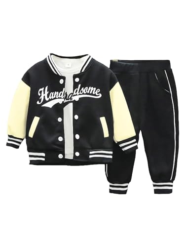 CHICTRY Kinder Baby Junge Sportanzug Set Langarm College Jacke Buchstaben Print Baseballjacke Stretch Tank Crop Mit High Waist Leggings Sportswear Schwarz 104-110 von CHICTRY