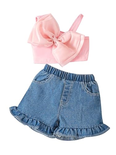 CHICTRY Kinder Baby Mädchen Bekleidungsset Schleife Sport BH Ärmellos Tshirt Kurz Unterhemd Mit Rüschen Jeansshorts Stretch Kurze Hose Streetwear Rosa 98-104 von CHICTRY