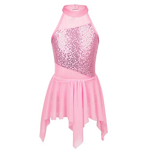 CHICTRY Kinder Ballettkleid Mädchen Glitzer Pailletten Neckholder Eislaufkleid Mesh Patchwork Ballettbody mit Asymmetrisch Rock Wickelrock Wettbewerb Kostüm Gr. 116-164 Rosa 128 von CHICTRY