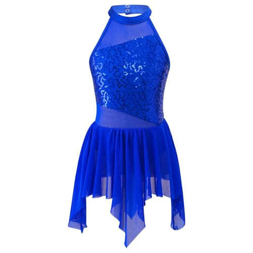 CHICTRY Kinder Ballettkleid Mädchen Glitzer Pailletten Neckholder Eislaufkleid Mesh Patchwork Ballettbody mit Asymmetrisch Rock Wickelrock Wettbewerb Kostüm Gr. 116-164 Royal Blau 140 von CHICTRY